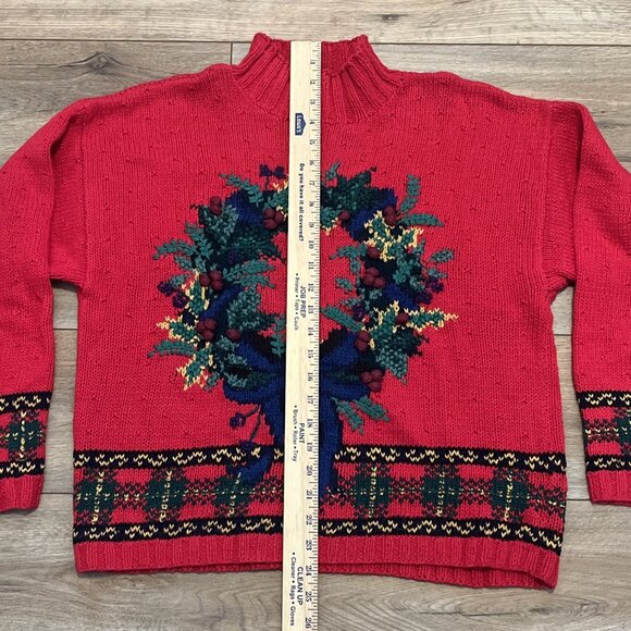 Robert Scott Turtleneck Sweater SZ Medium Red Christmas Wreath Hand Knit Vintage - Picture 4 of 10